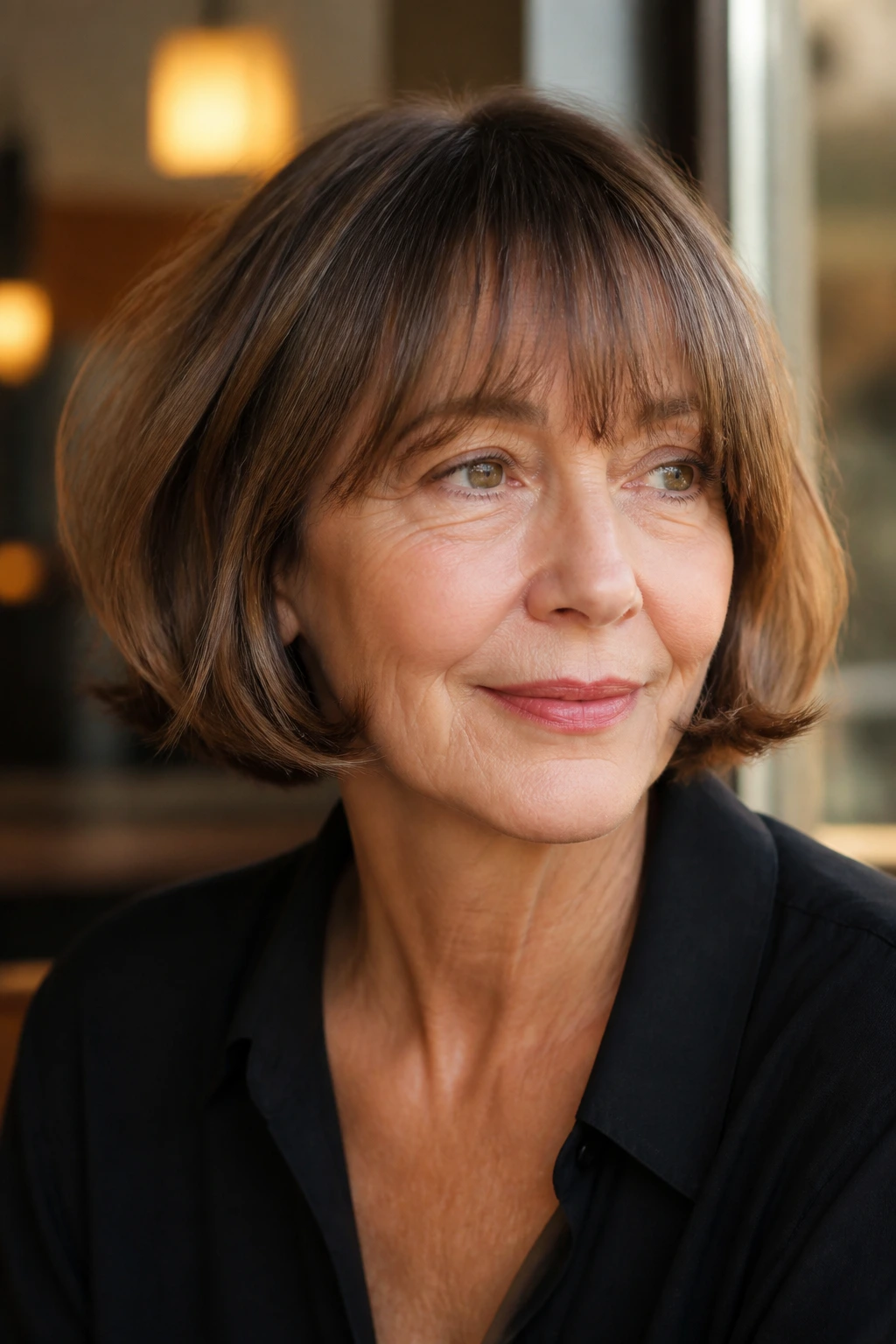 Close-up of real woman with French Bob With Airy Fringe in a warm cafe setting.
