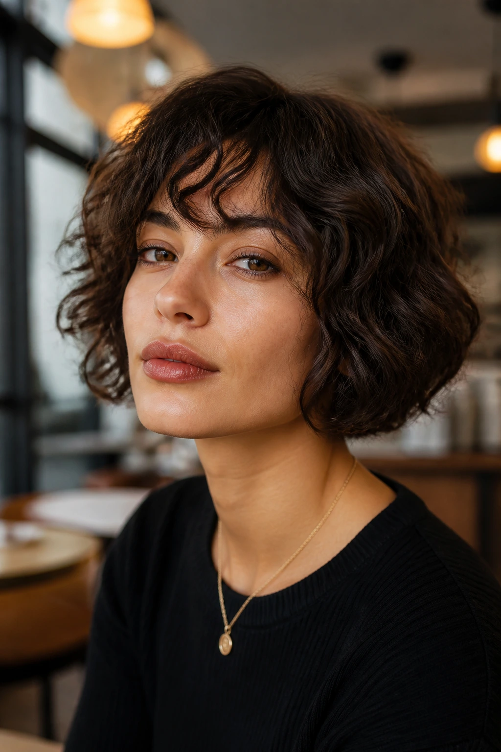 Close-up of a real woman with a French bob and airy fringe.
