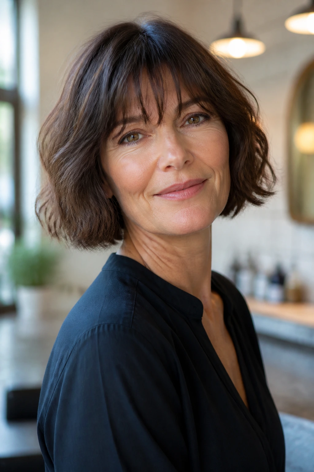 Portrait of a real woman with chin-grazing French bob and airy fringe.