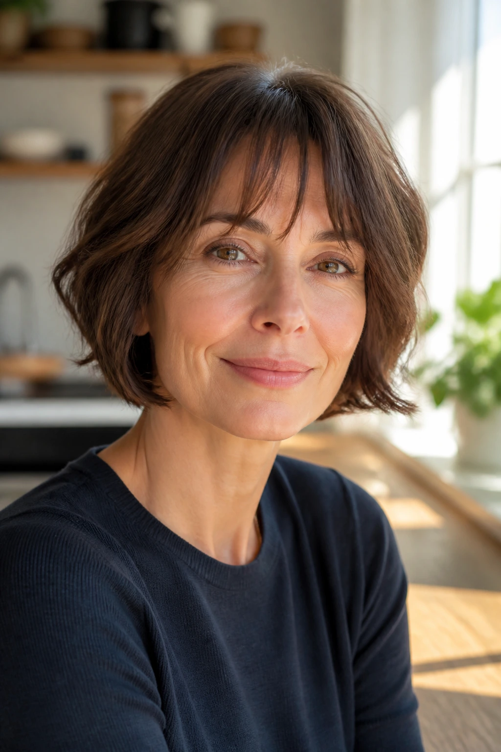 Portrait of a real woman with a French bob and airy fringe.