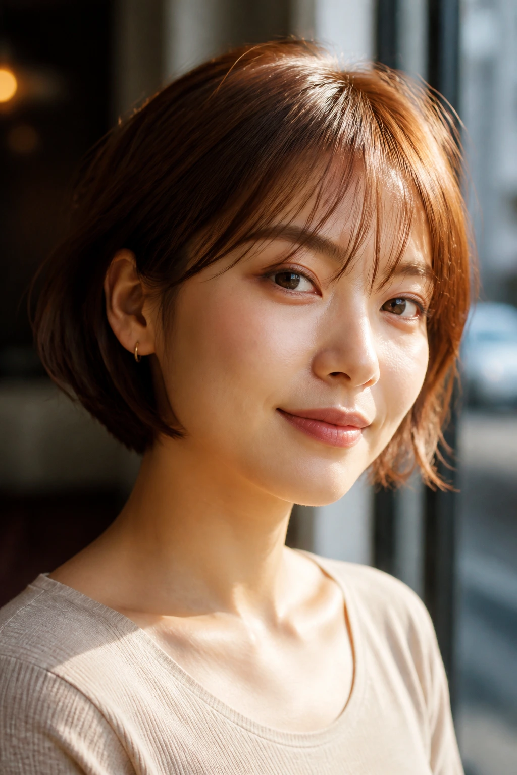 Close-up portrait of a real woman with French bob and airy fringe on warm undertone skin