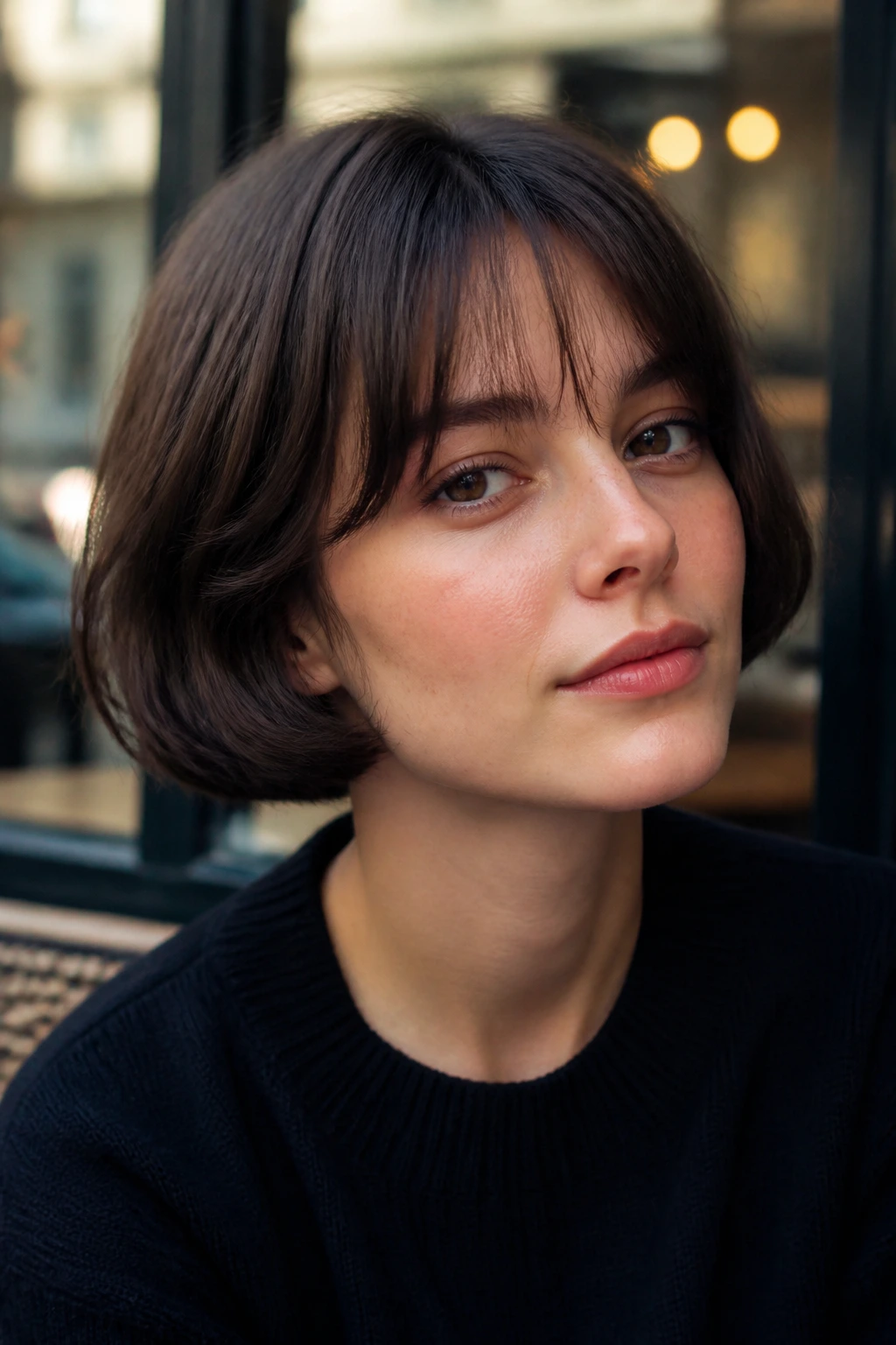 Close-up of a woman with a jaw-length French bob and airy fringe, soft light, natural look.