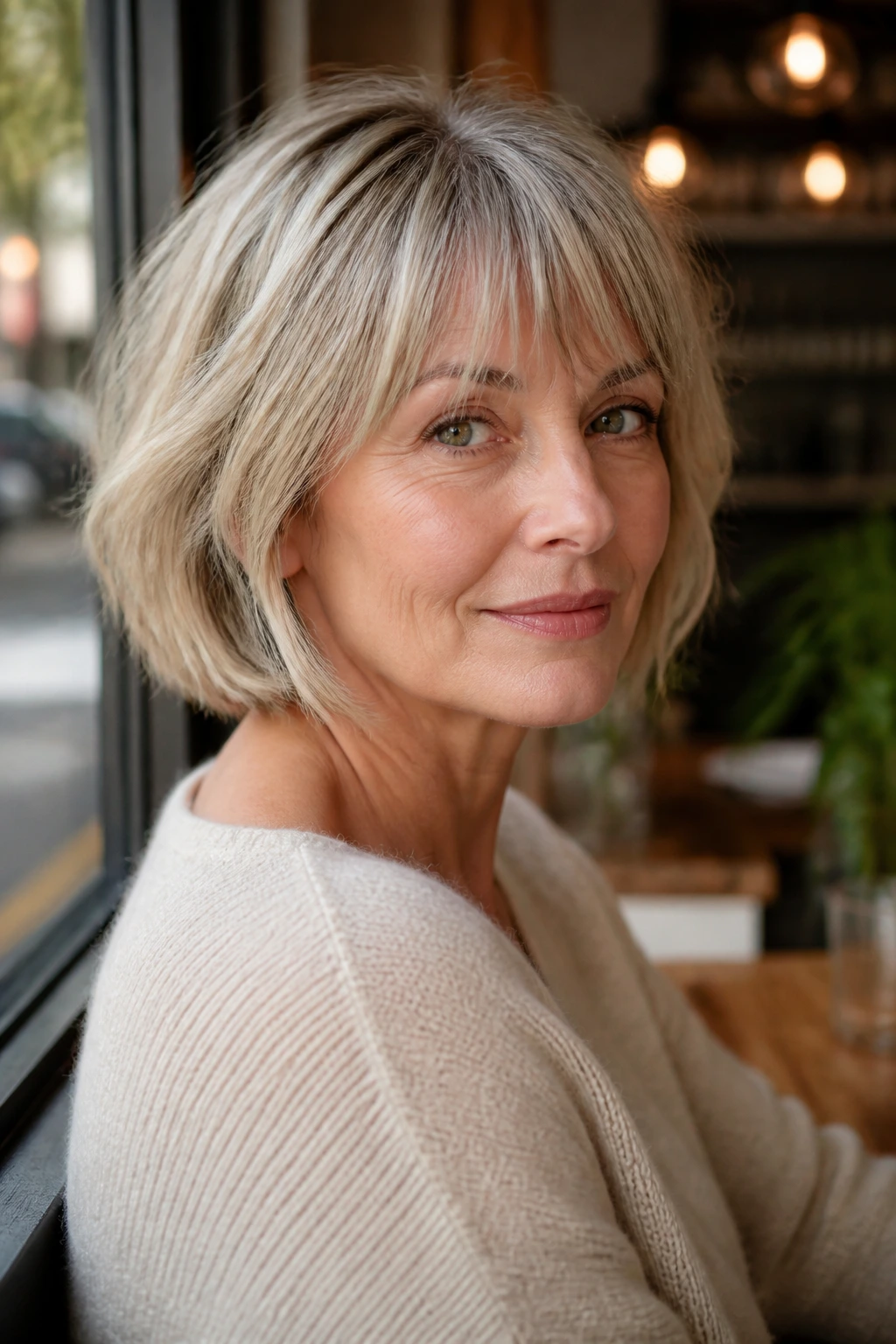 Real woman with soft French bob and airy fringe in cafe setting