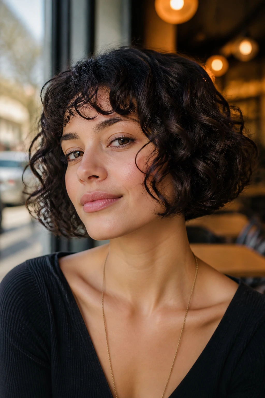 Real person with angled French bob under warm window light
