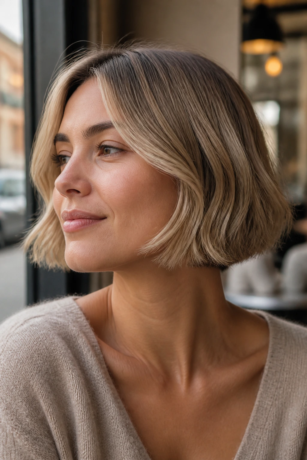 Close-up of a real person with champagne French bob and soft bend