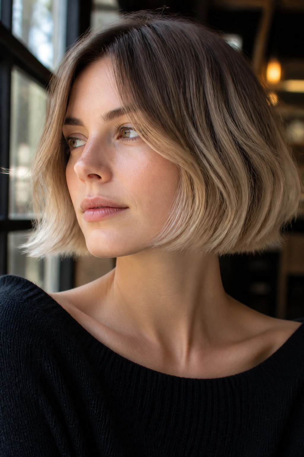 Close-up of a real woman with a French bob and cool beige ends