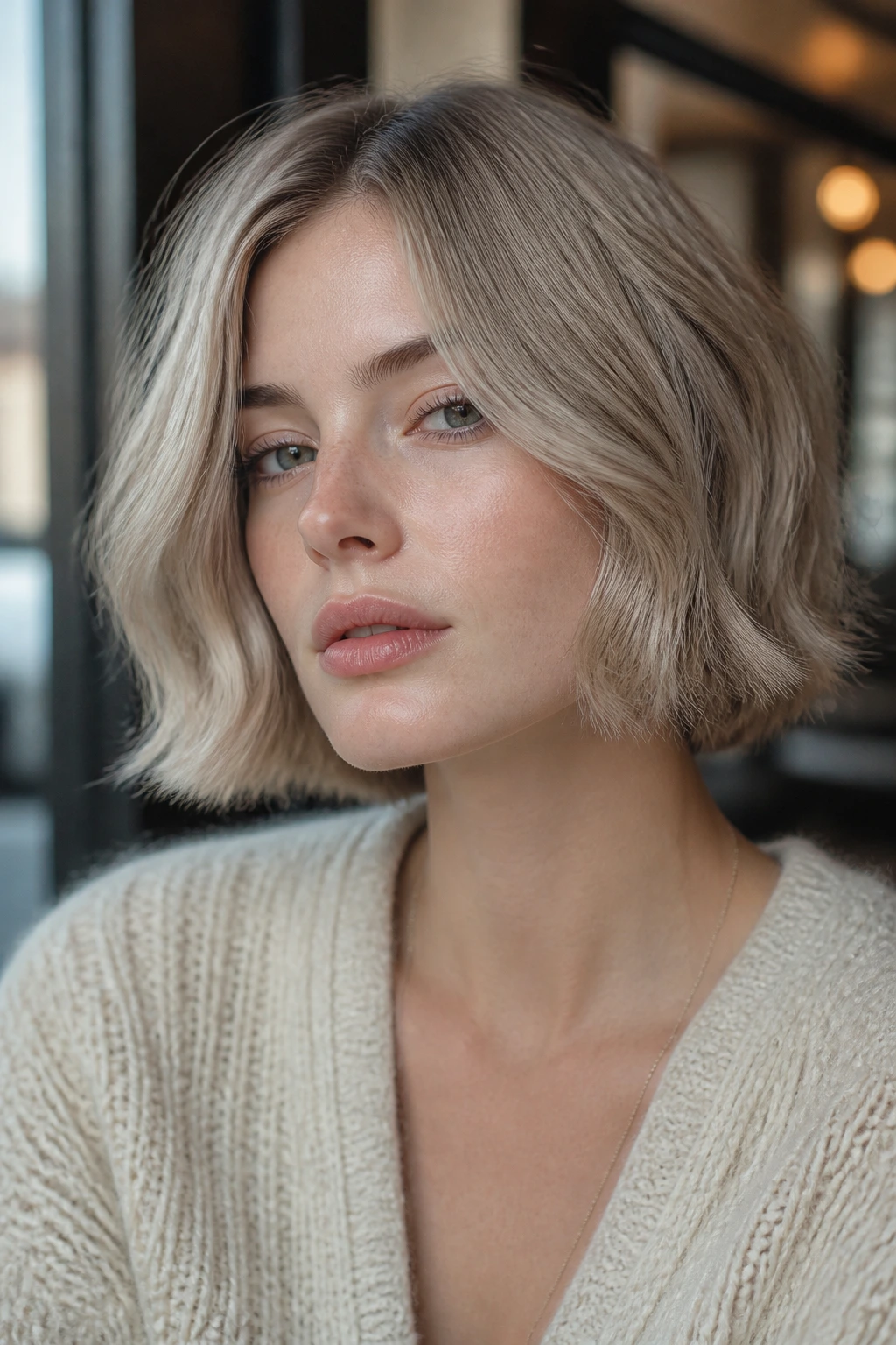 Portrait of a real person with beige-ash French bob near jawline