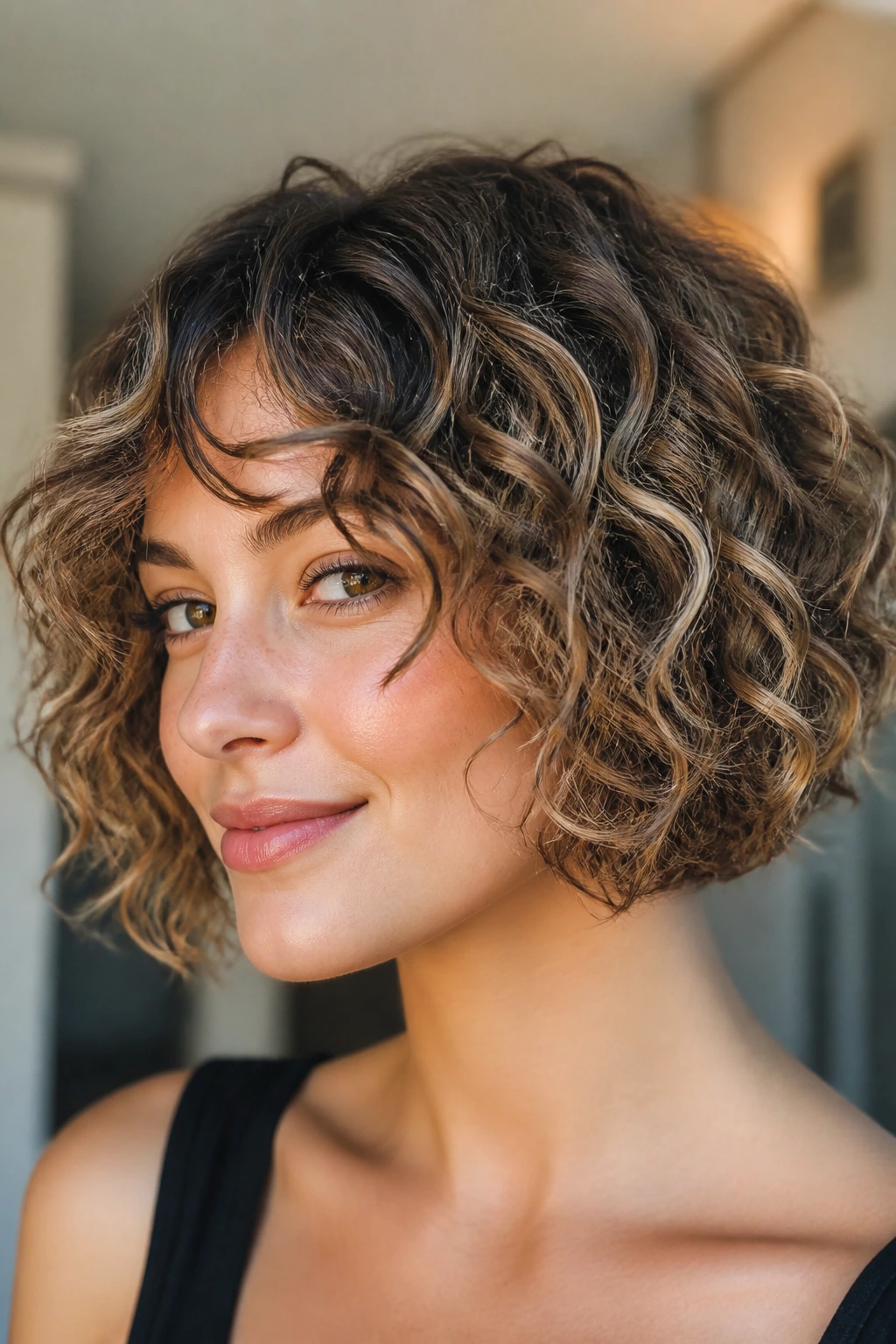 Curly French bob with beige babylights on a real person