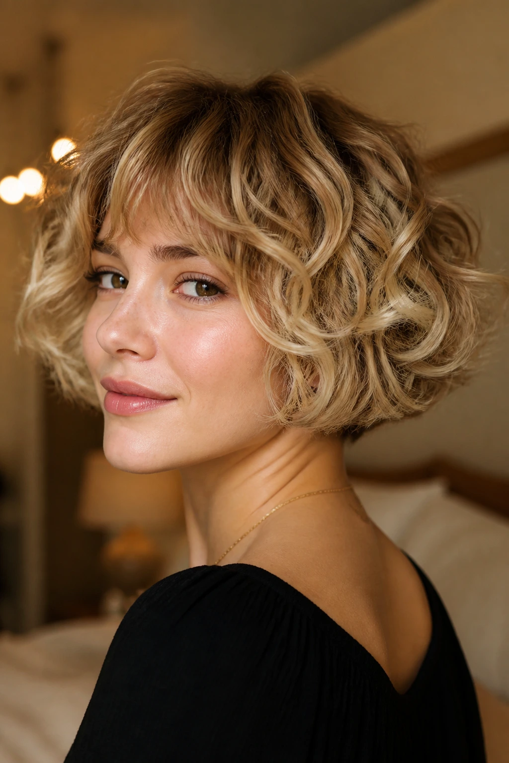 Rounded French bob with beige blonde ends on a real person