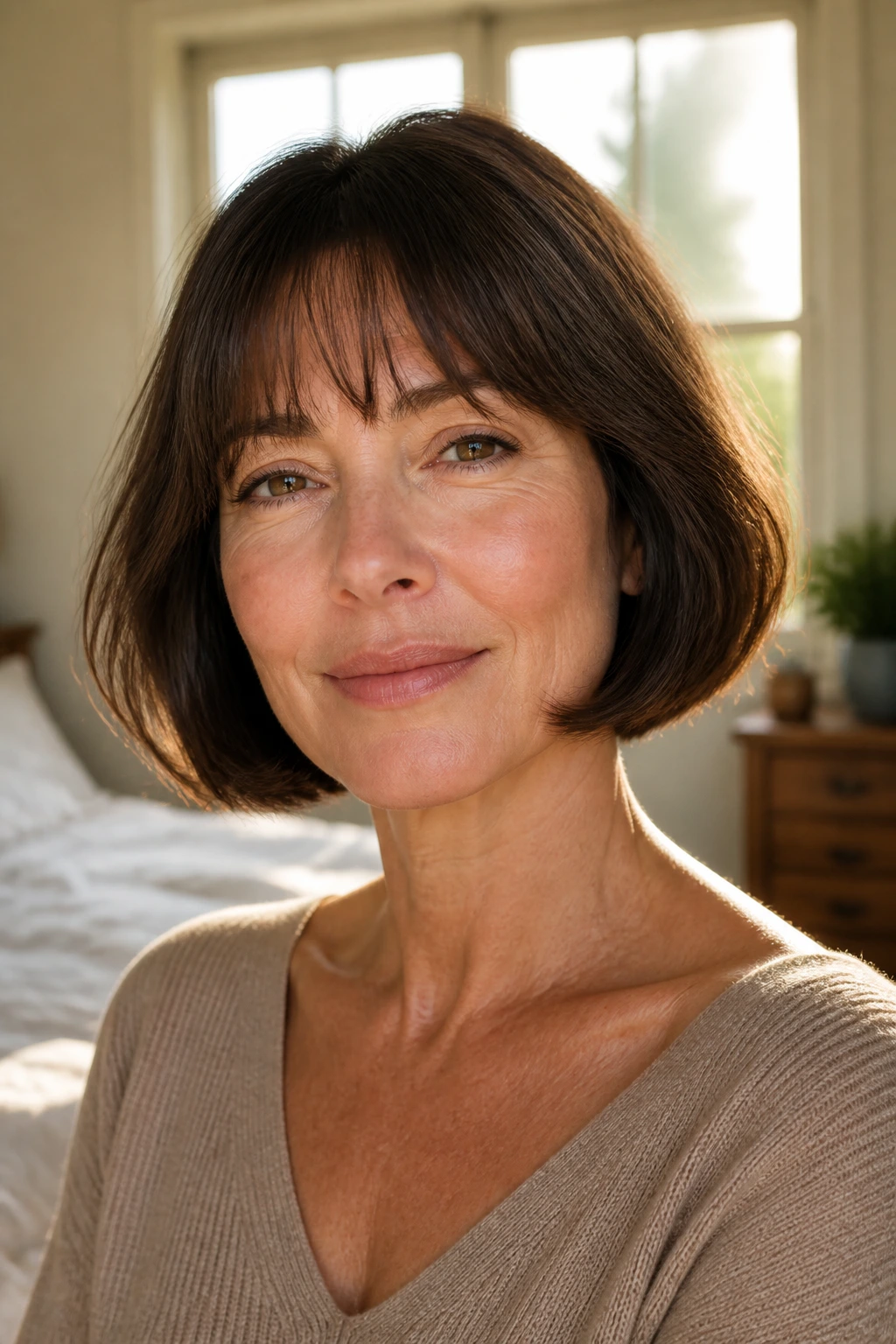 Close-up portrait of woman with French bob and soft jawline bend, warm window light