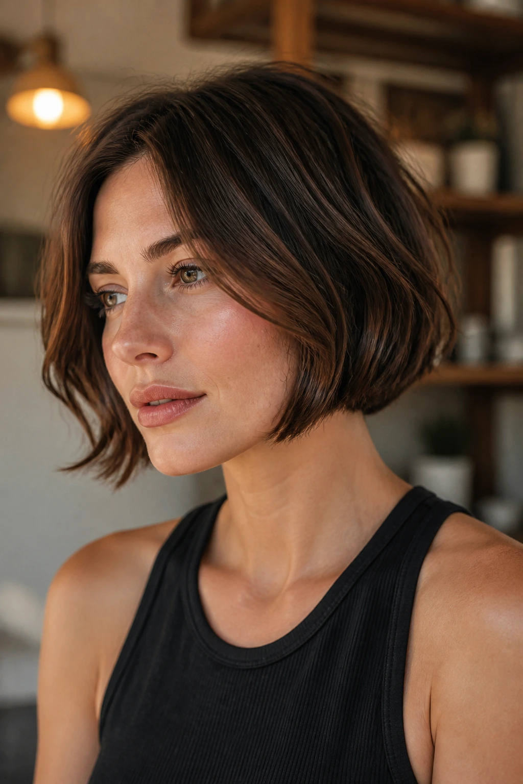 Close-up portrait of a woman with a French bob and bendy ends