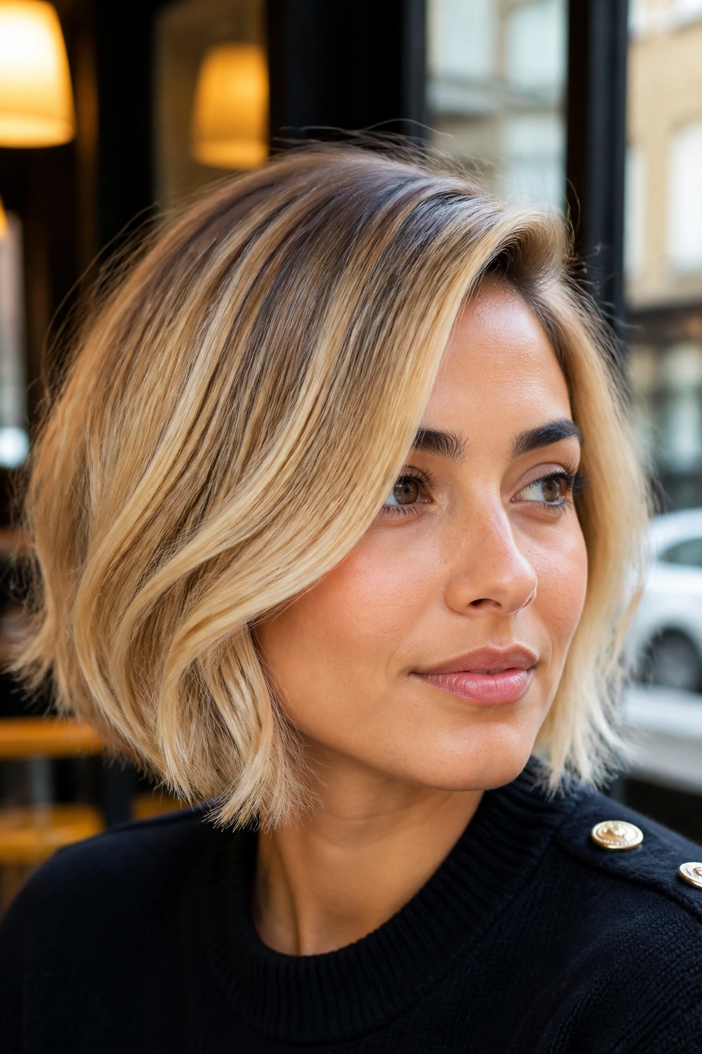 Close-up of a real woman with French bob in buttery blonde and soft side part on olive skin.