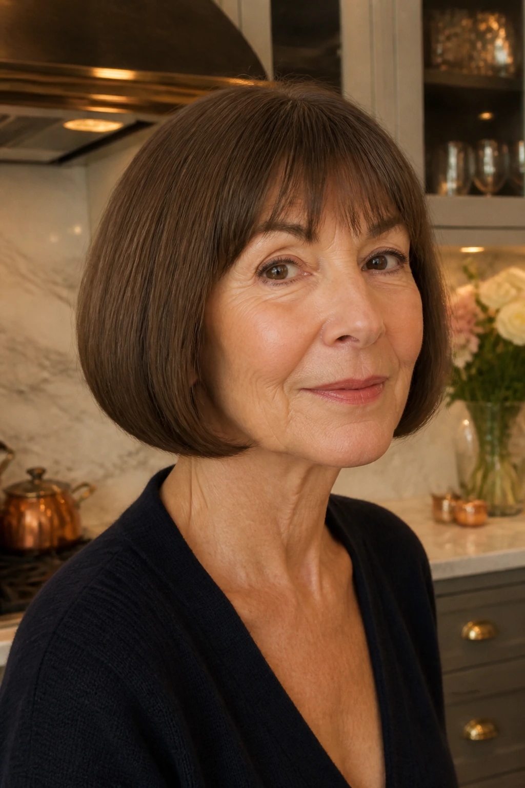 Close-up of a 60s woman with a classic French bob.