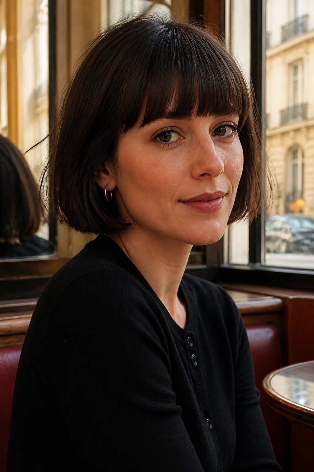 Close-up of a real woman with French bob and blunt bangs.