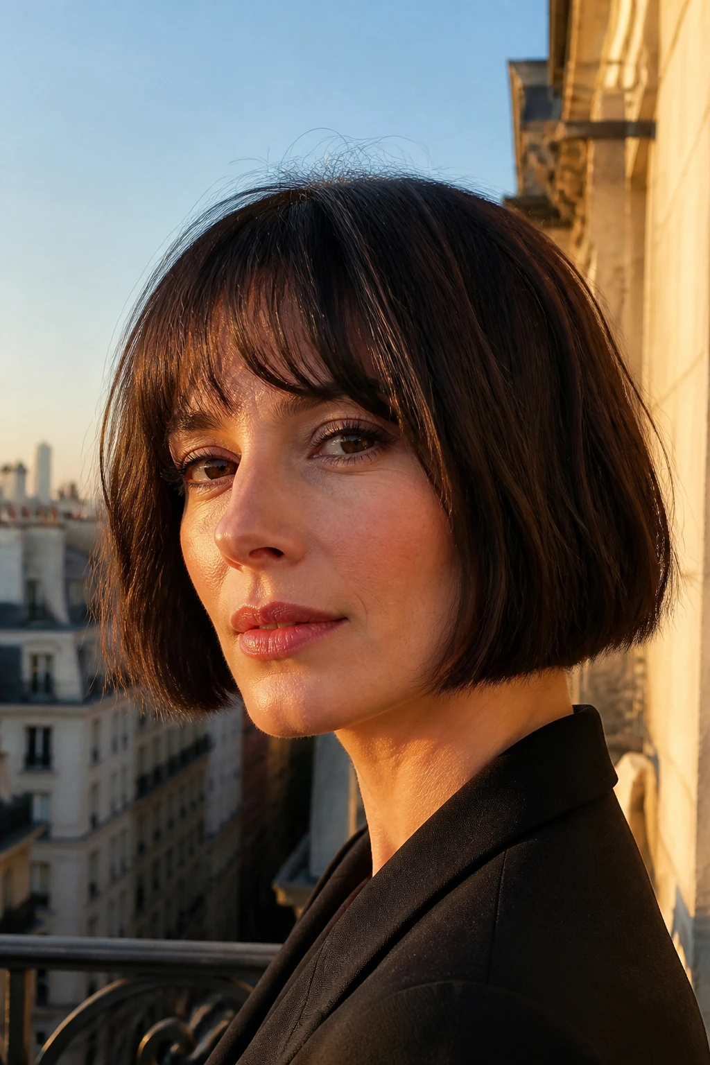 Close-up portrait of a real woman with a blunt jaw-length French bob and airy fringe at the temples.