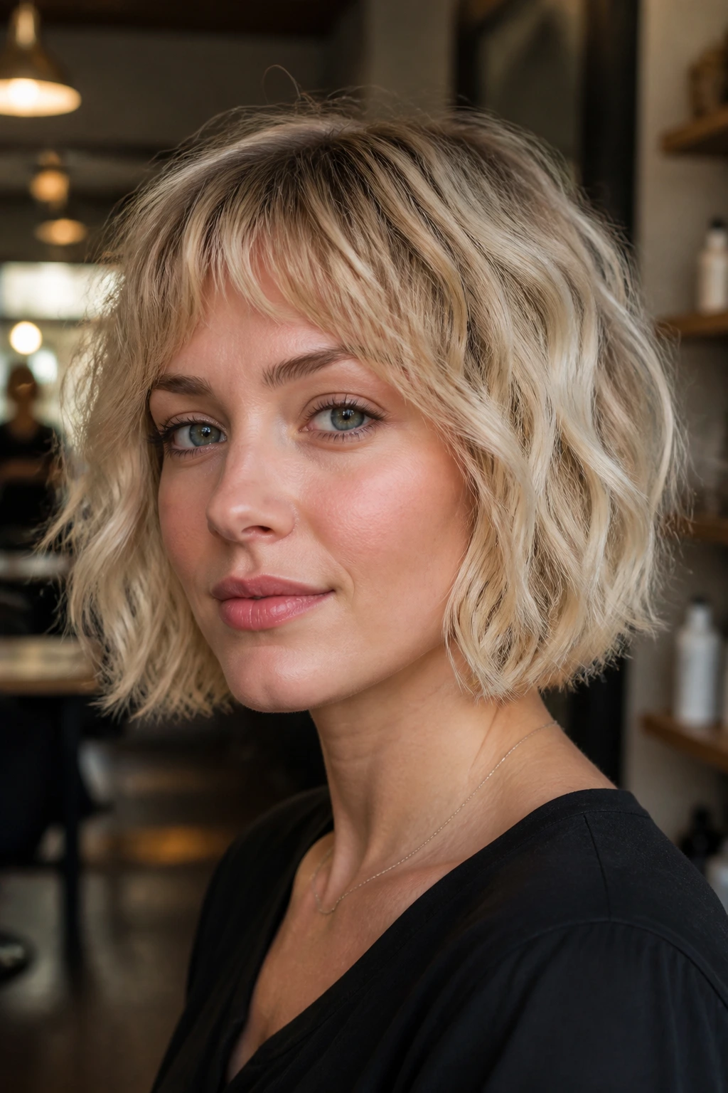 Close-up of a woman with a French bob and broken curls