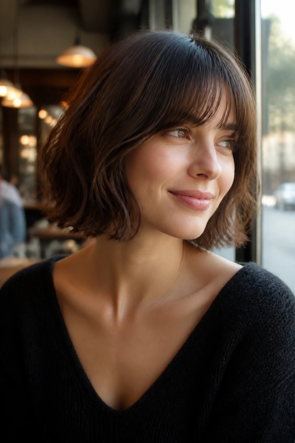 Portrait of a woman with French bob and soft broken ends