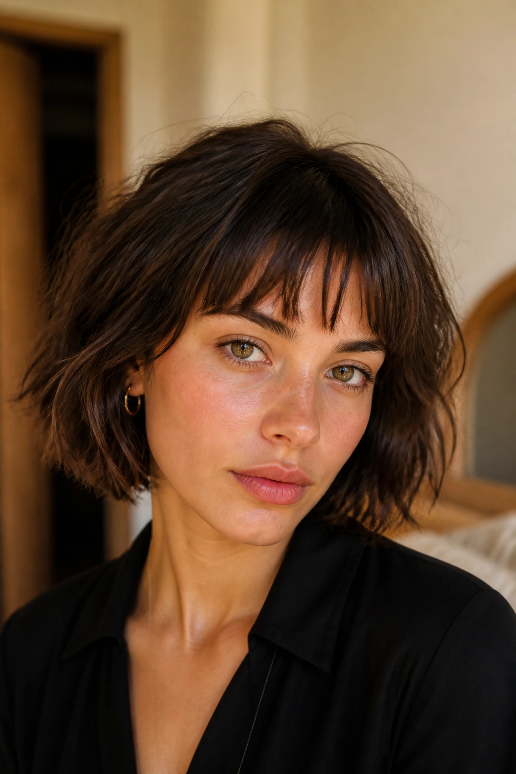 Real person with chin-length French bob and broken fringe