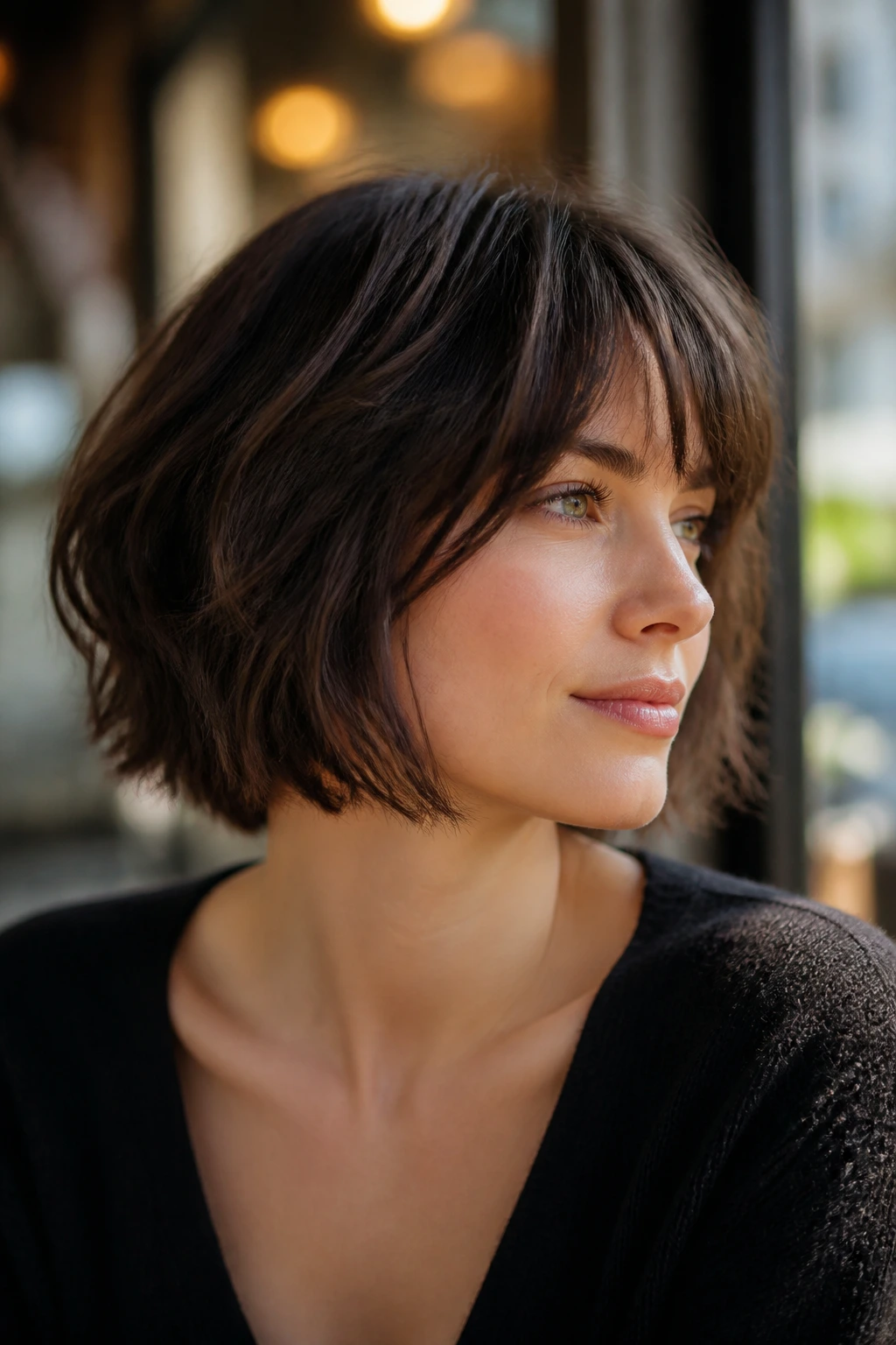 Close-up portrait of a real woman with a French bob and broken texture