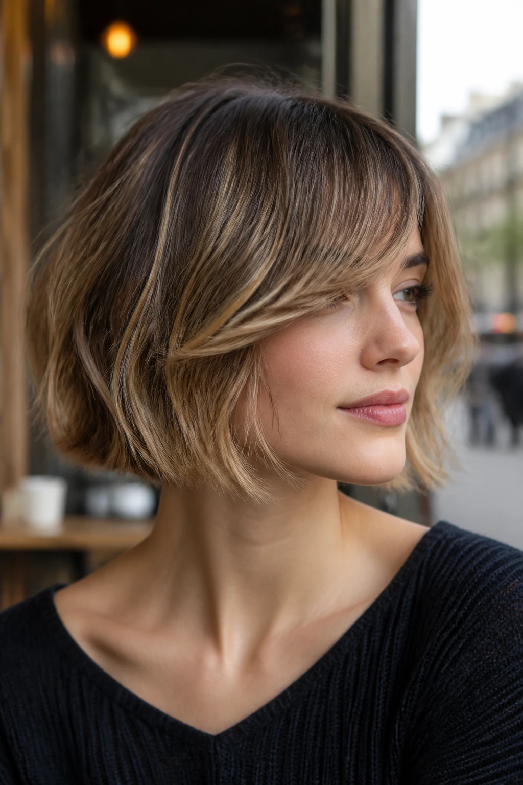 Real woman with a French bob and subtle bronde highlights in natural cafe light.