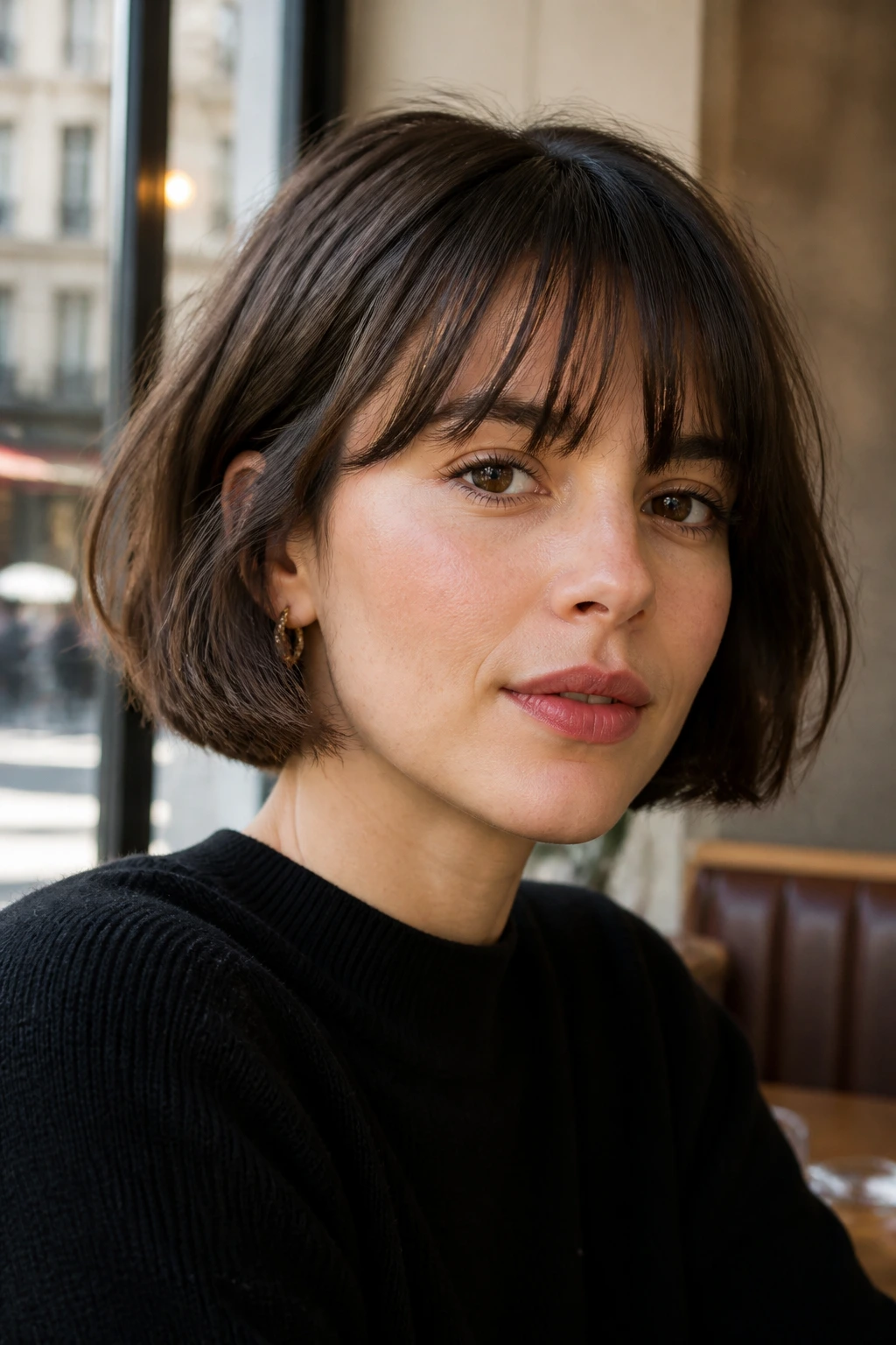 Real woman with French bob and brow-grazing fringe