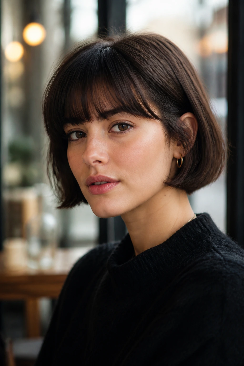 Portrait of a real woman with French bob and brow-grazing fringe