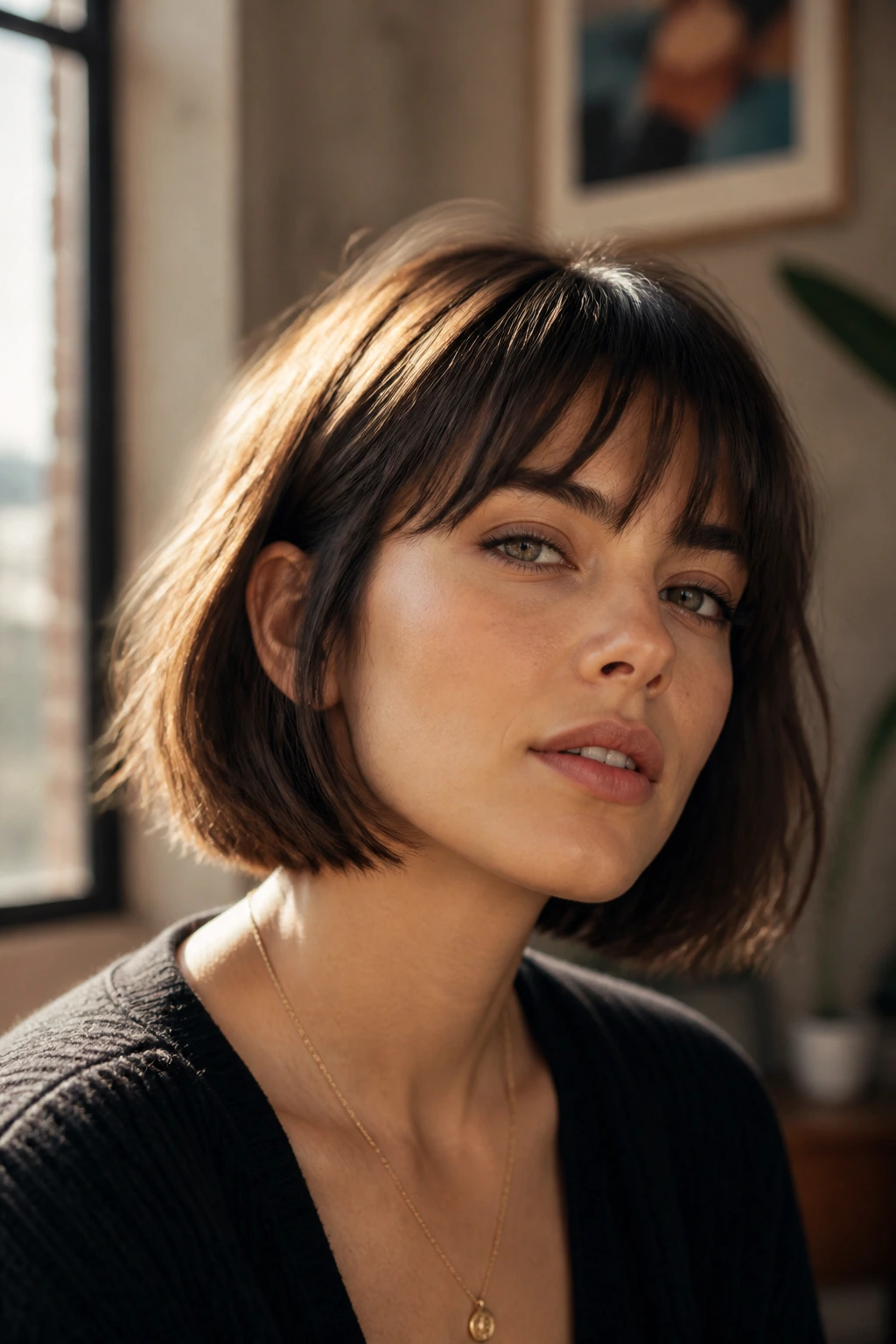 Portrait of a real person with brow-grazing fringe French bob
