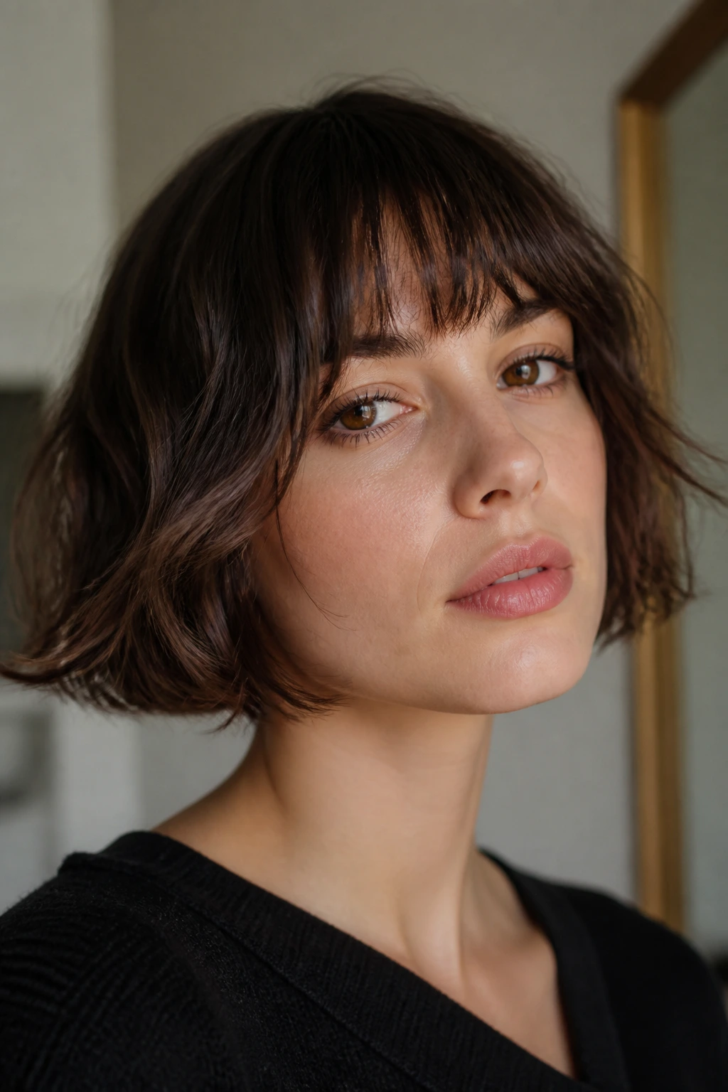Portrait of a woman with a French bob and brow-grazing bangs.