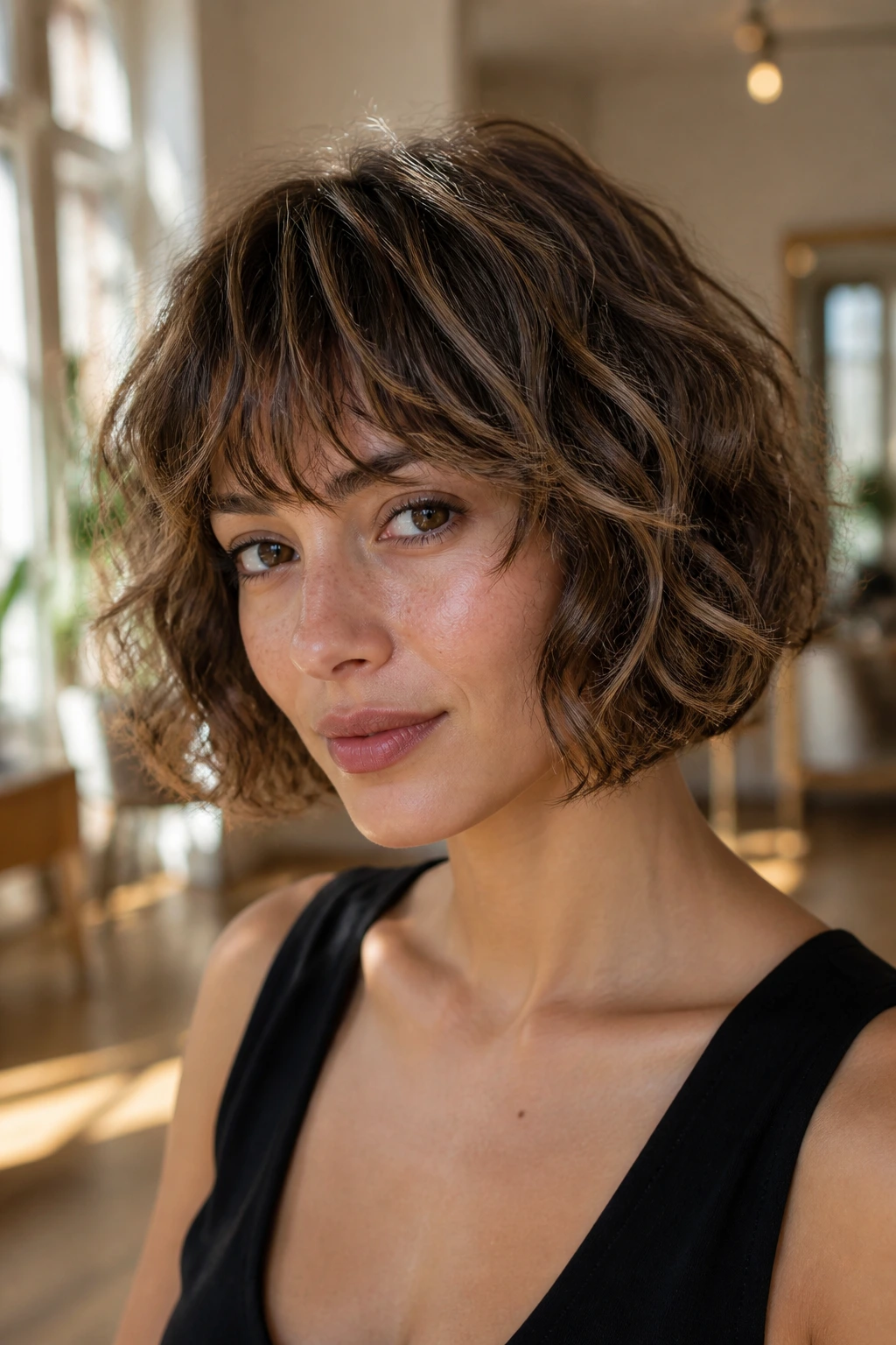 Close-up of a real woman with a French bob featuring brow-grazing bangs and caramel sparks at the fringe.