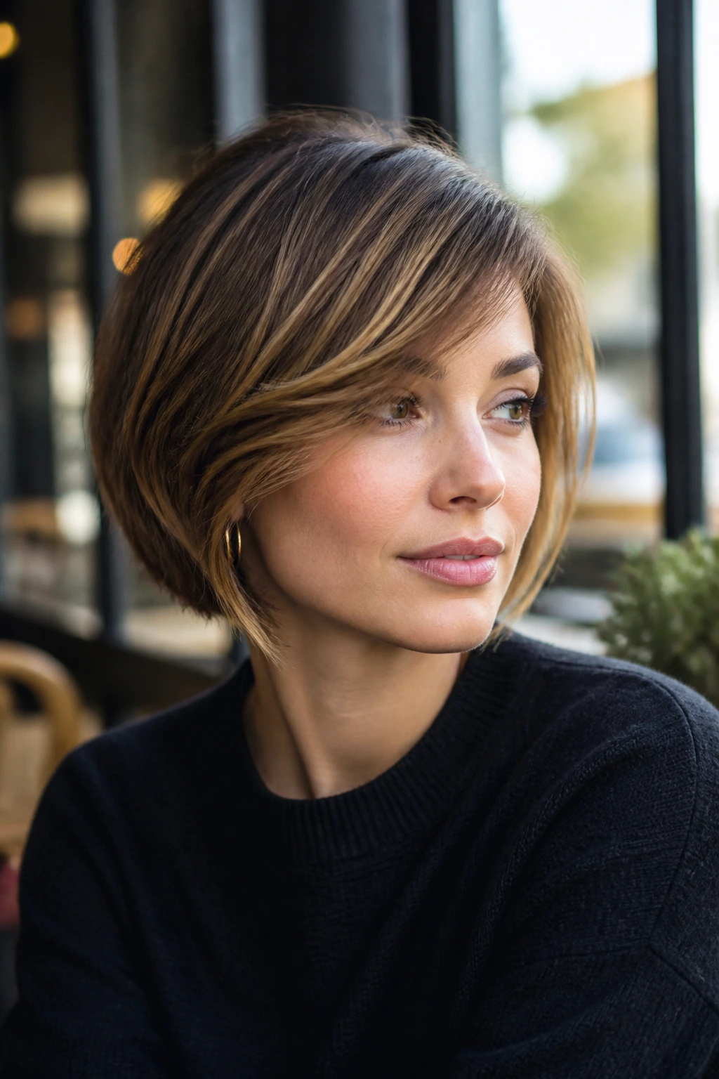 Close-up of a real woman with a jaw-length French bob and side-swept caramel lights