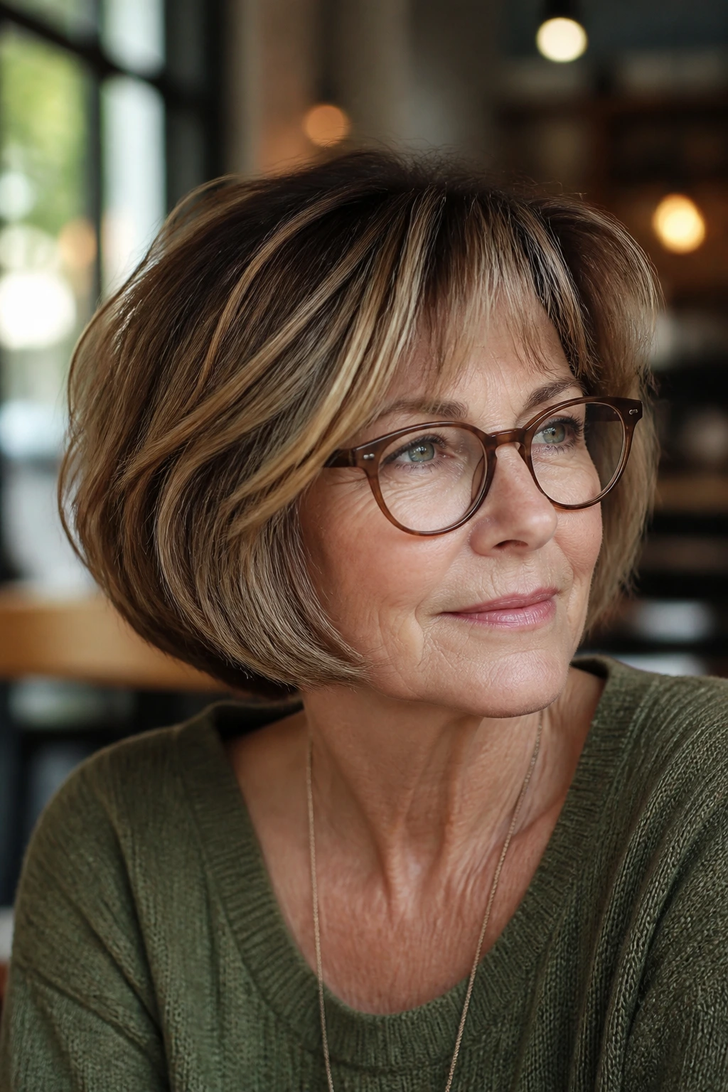 Close-up of a French bob with a soft caramel edge.