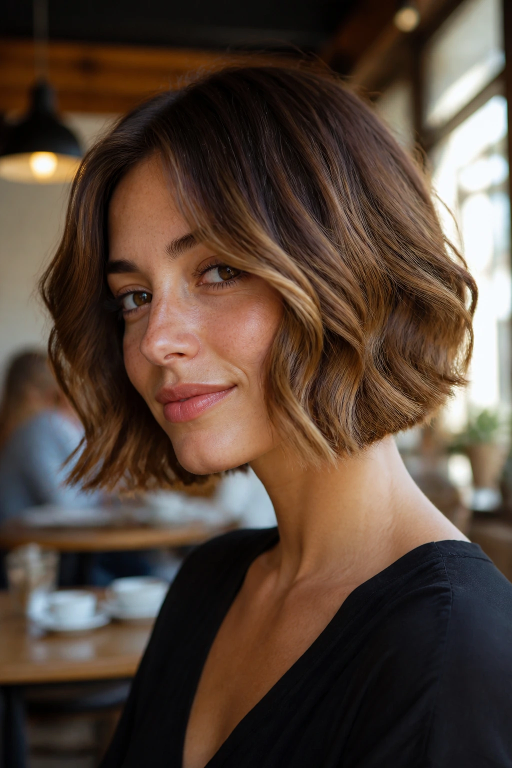 Portrait of a woman with a French bob and soft waves with caramel depth