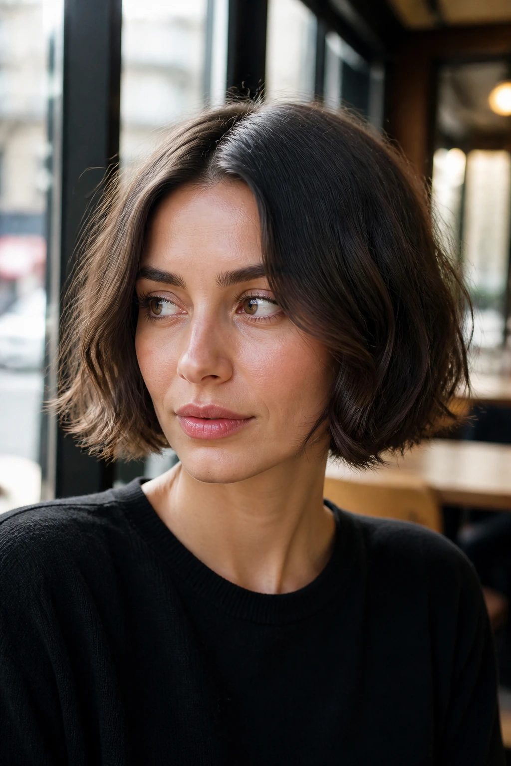 Real woman with French bob center-parted and soft movement