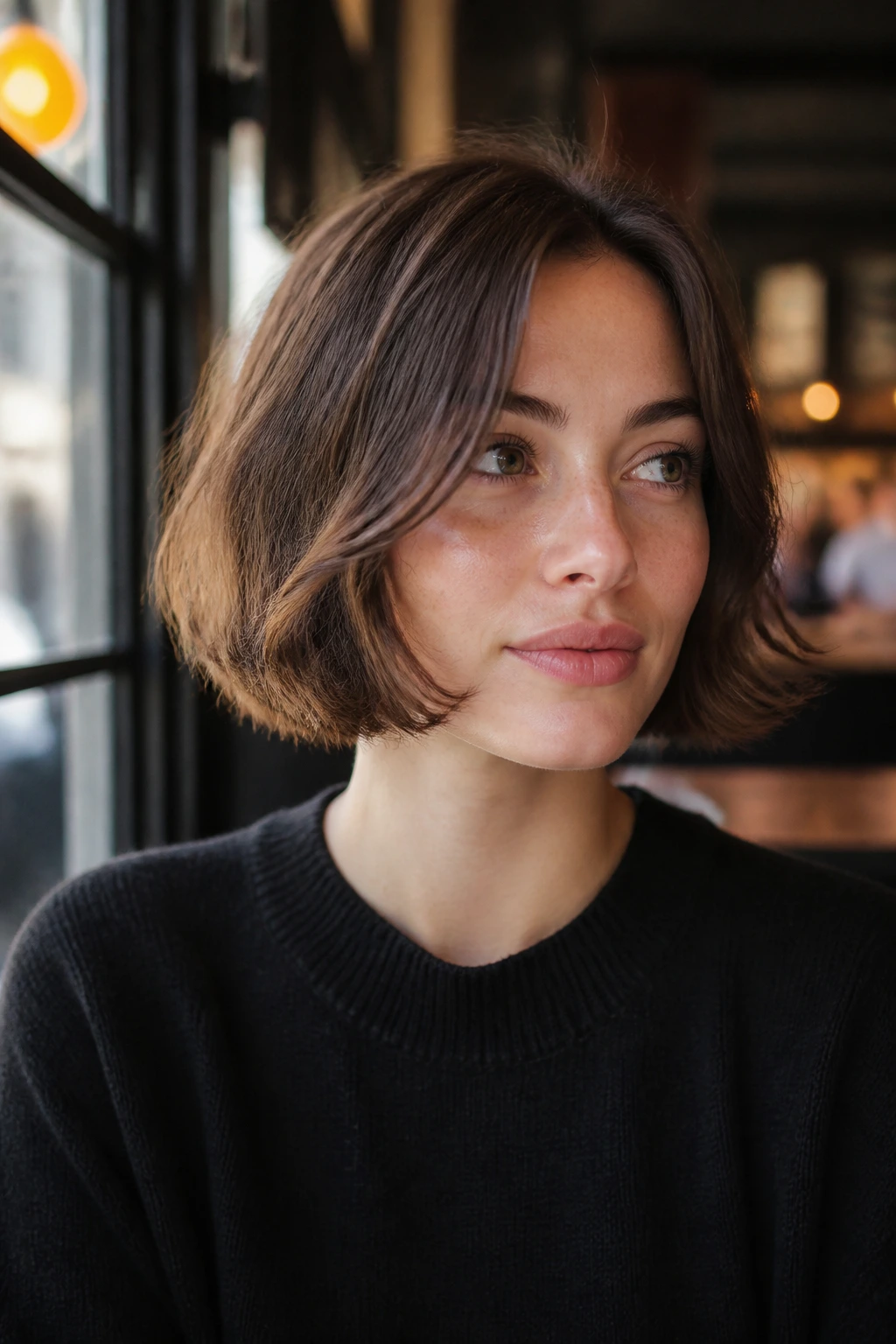 Close-up of a woman with a cheekbone-length French bob