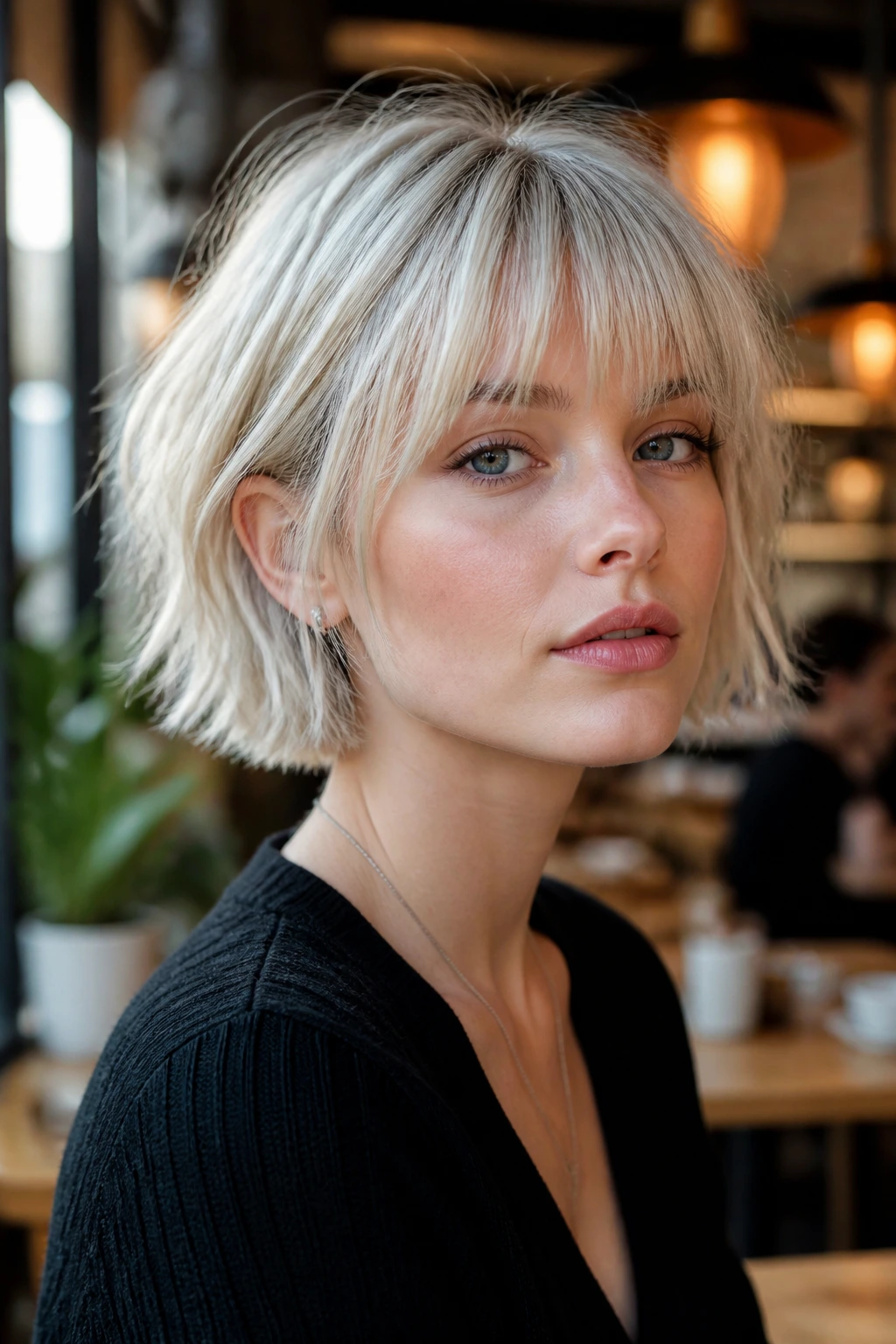 Close-up of a real woman with a French bob and choppy texture in steel blonde.