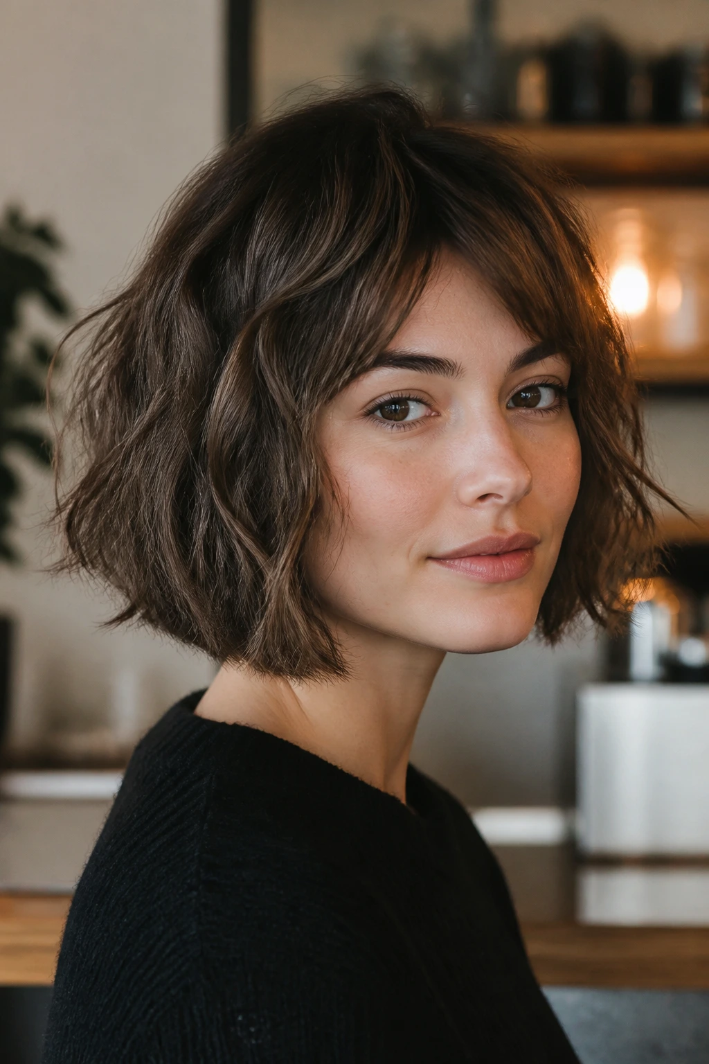 Close-up portrait of a real person with a French bob and chunky texture