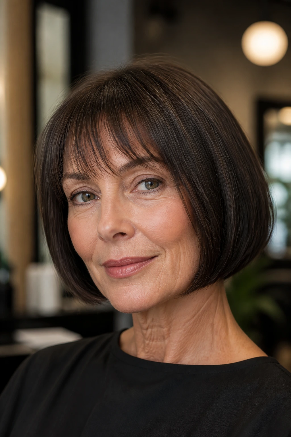 Close-up of a real woman with a crisp French bob and fringe.