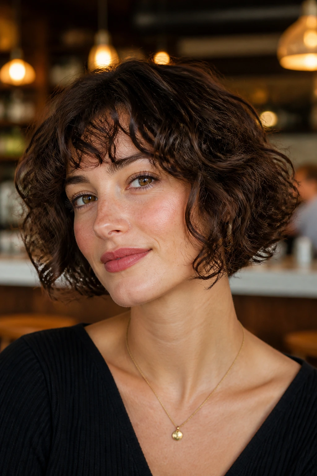 Real woman wearing jaw-length curly French bob in café light