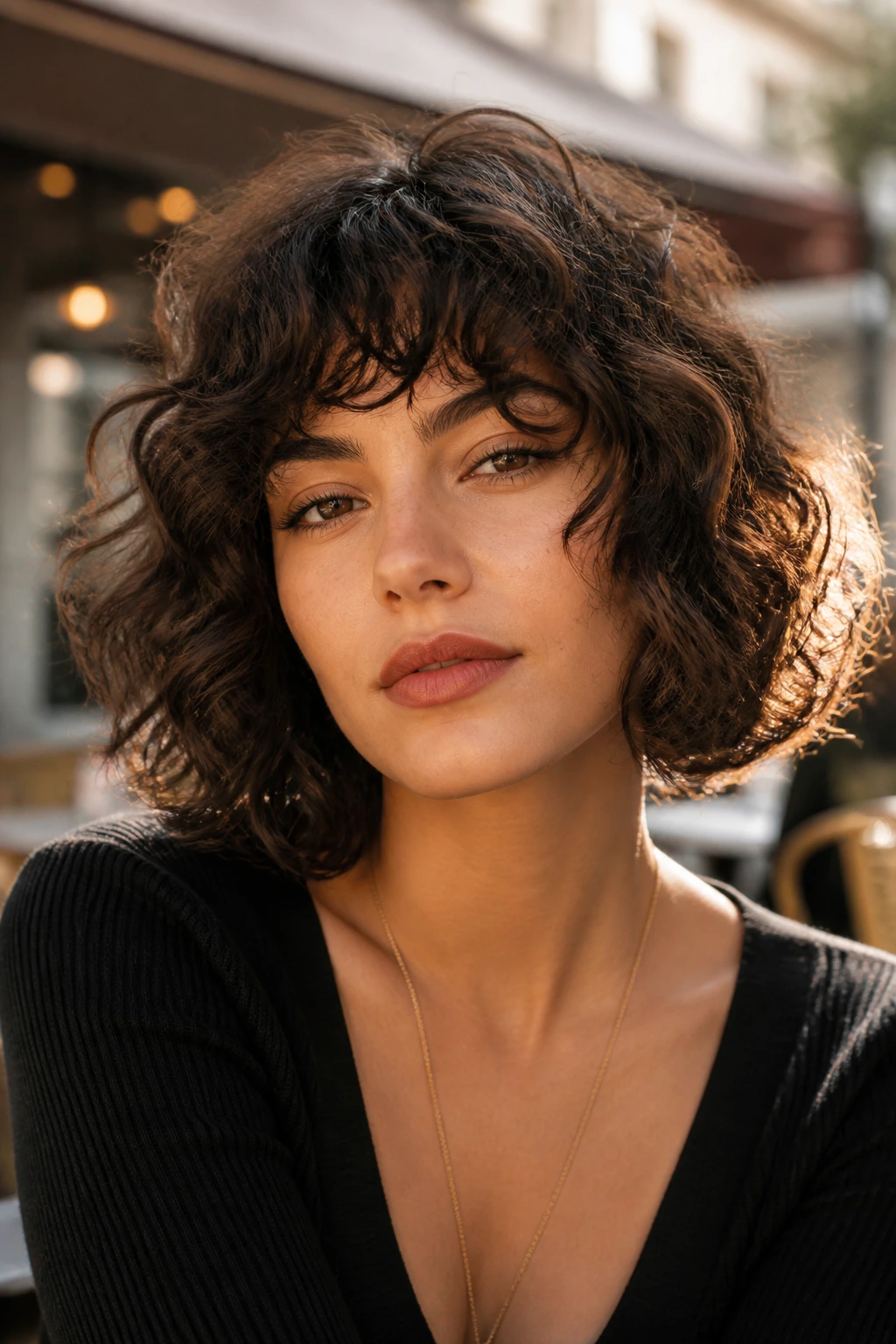 Portrait of a real person with a curly French bob.