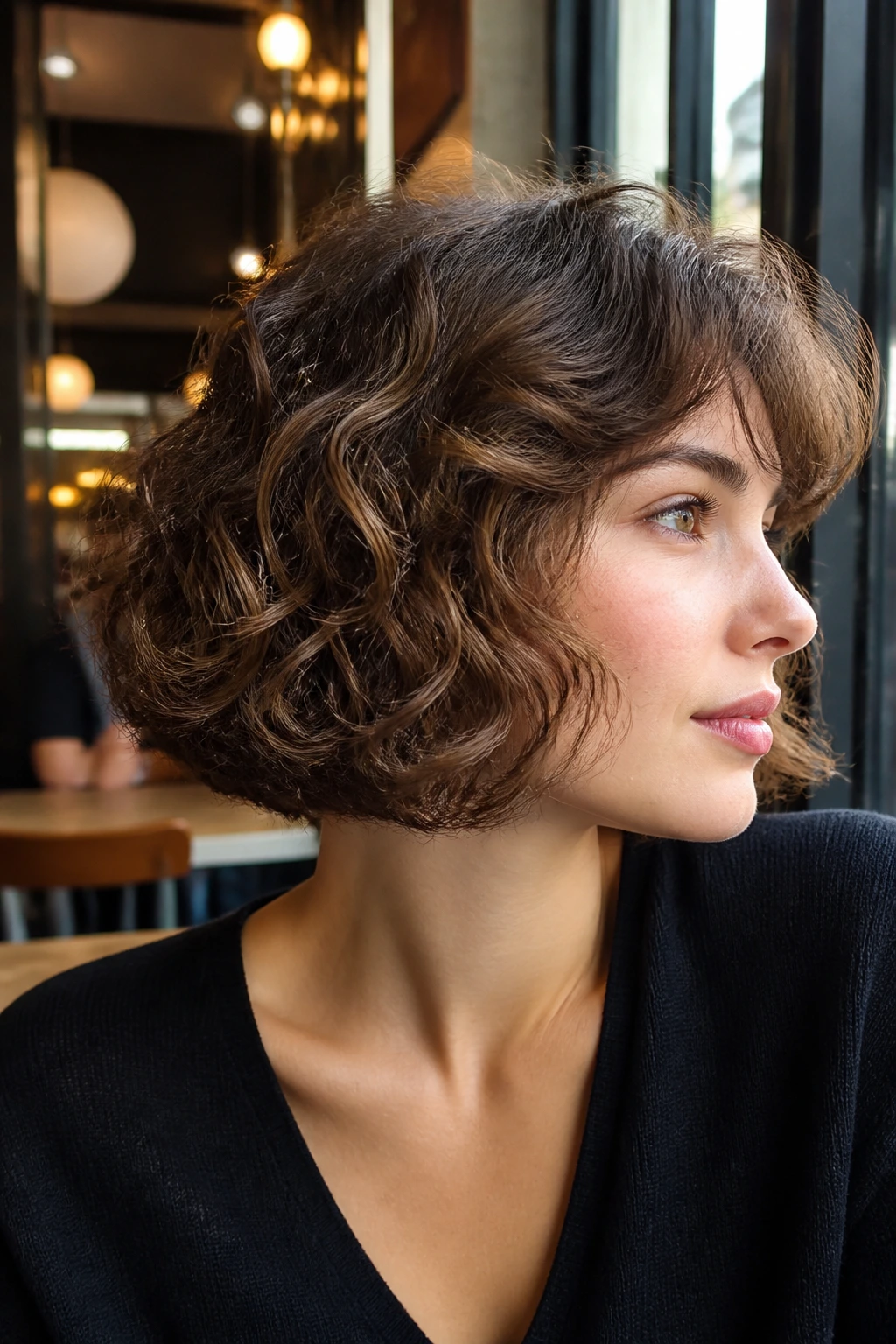 Portrait of a real woman with a French Bob hairstyle at chin length.