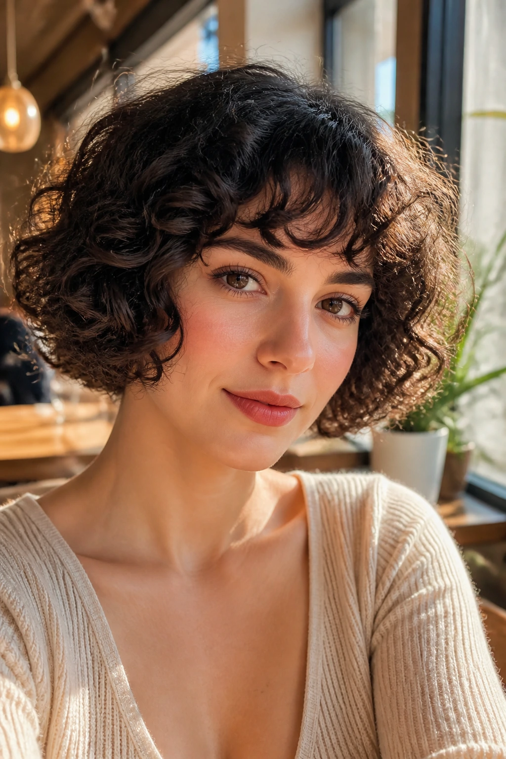 Close-up of a real woman with a chin-length curly bob and curly fringe