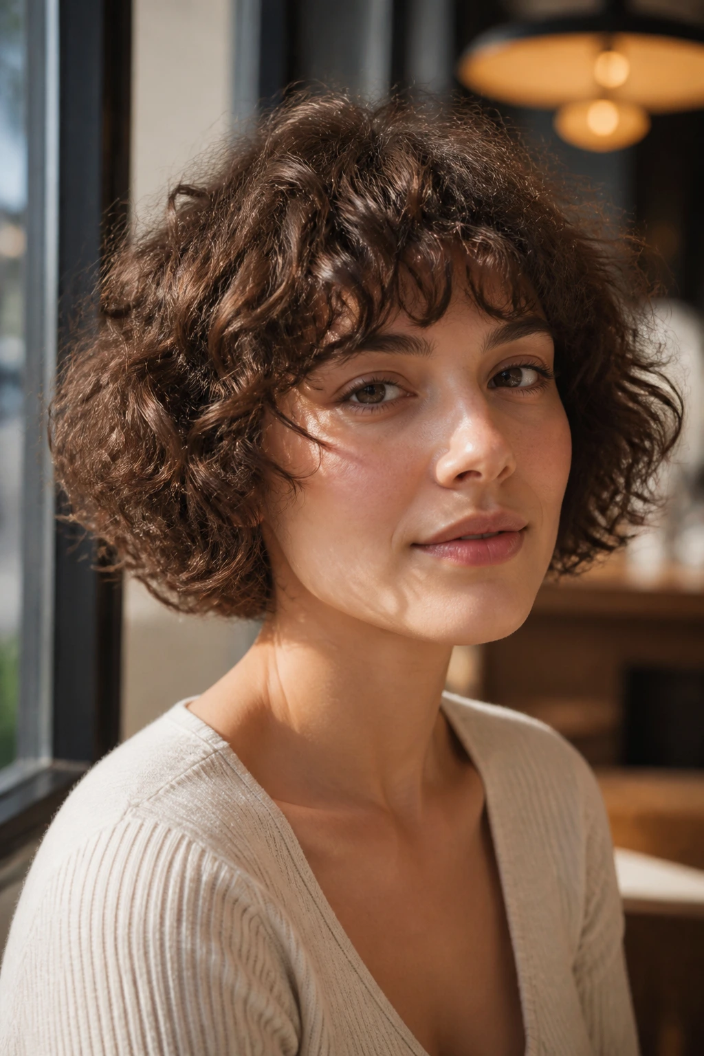 Close-up of a woman with a jaw-length French bob on curls, with a soft fringe