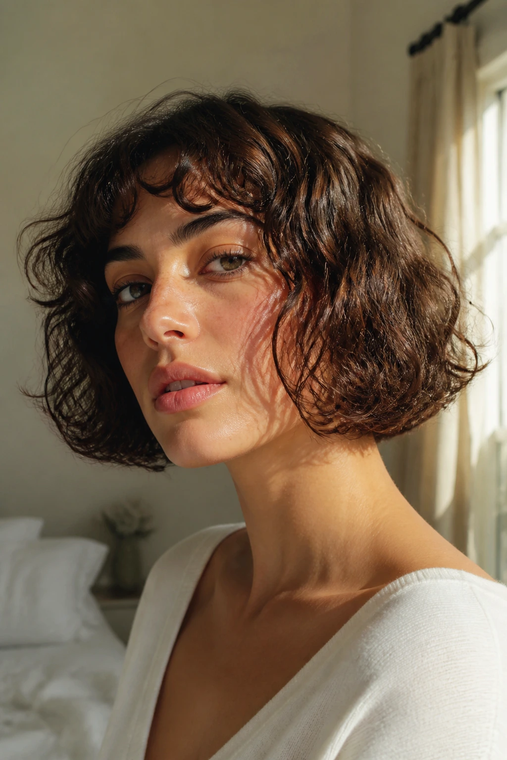 Close-up of lip-length curly French bob on a real woman with warm window light