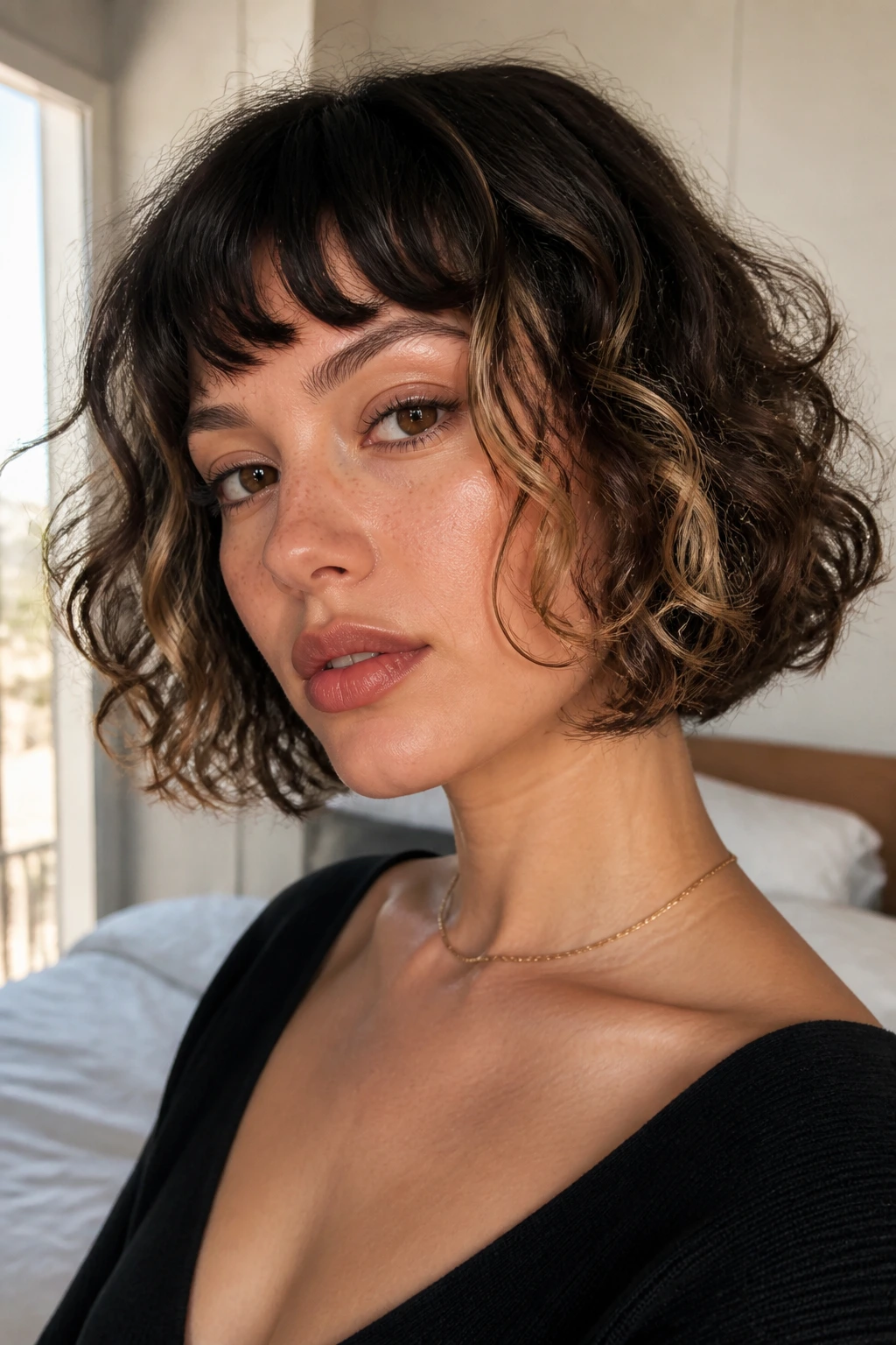 Close-up of a real woman wearing a French Bob with choppy bangs and sunkissed front strips in warm window light
