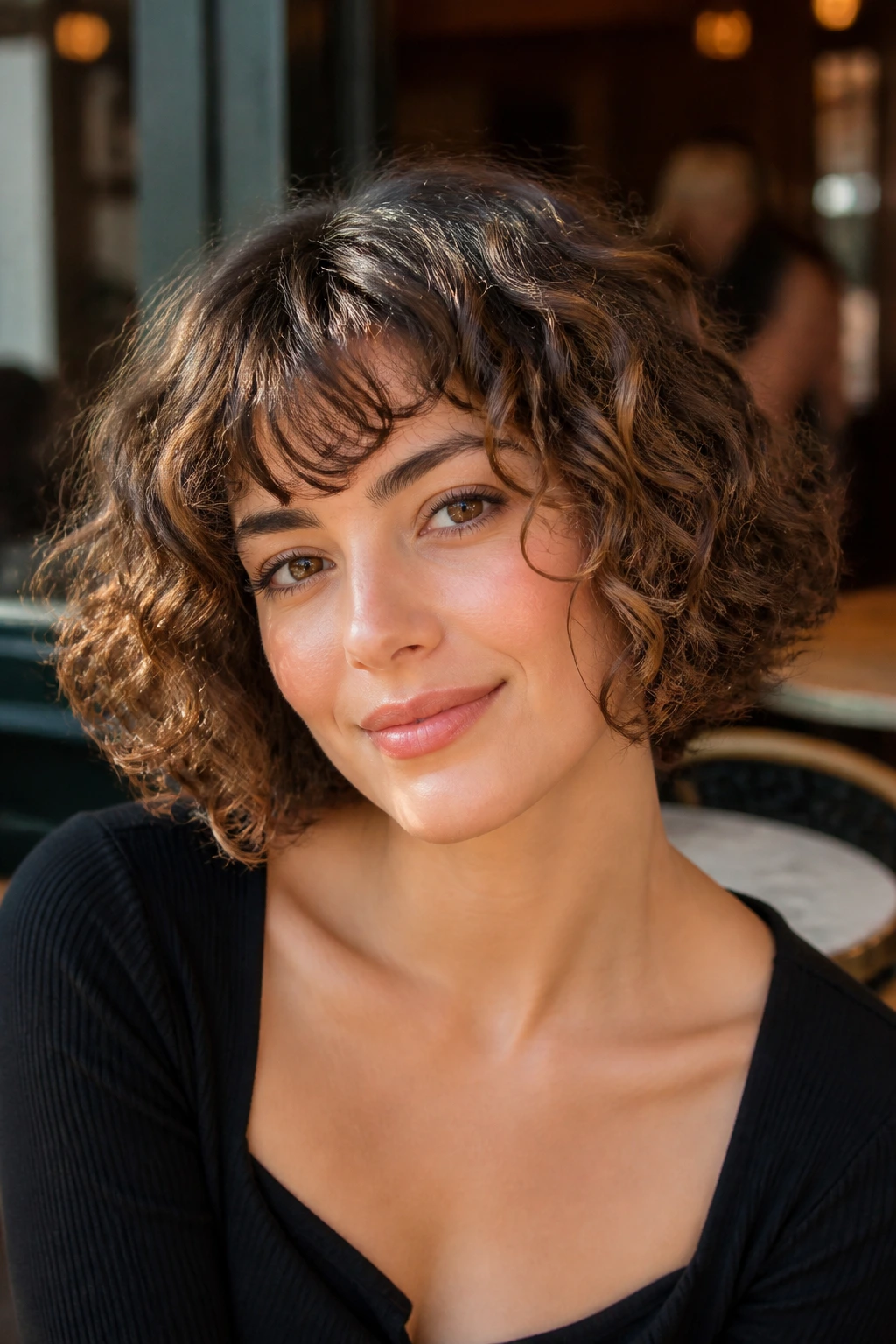 Close-up portrait of a real woman with a curly French bob