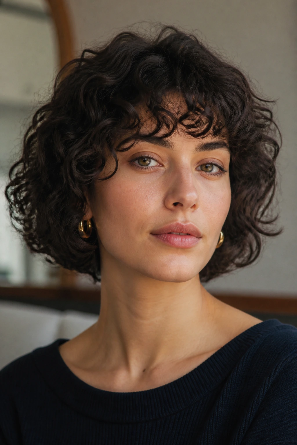 Close-up of a real woman's French bob with curly micro fringe