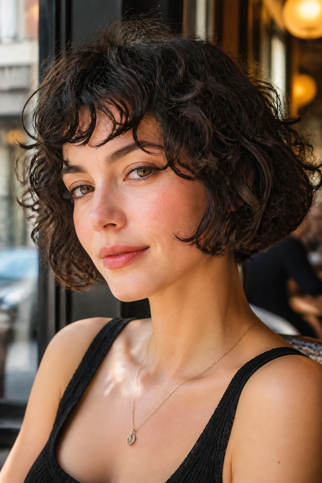Real woman with a French bob and airy curly fringe seated by a sunlit cafe window