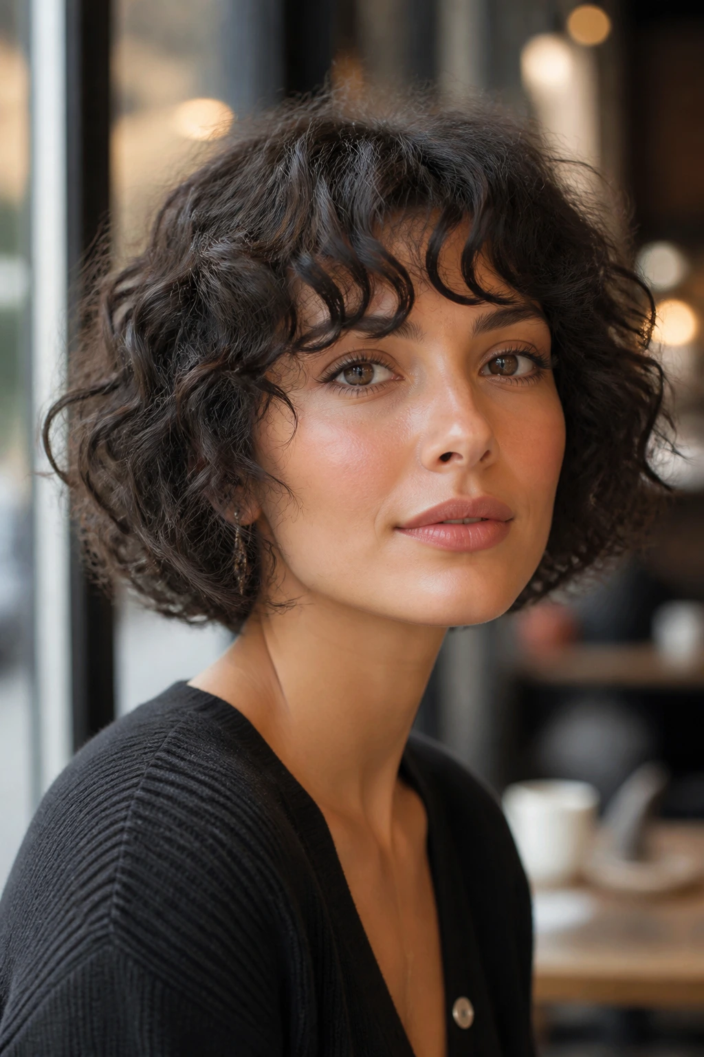 Real woman wearing French bob with curly fringe