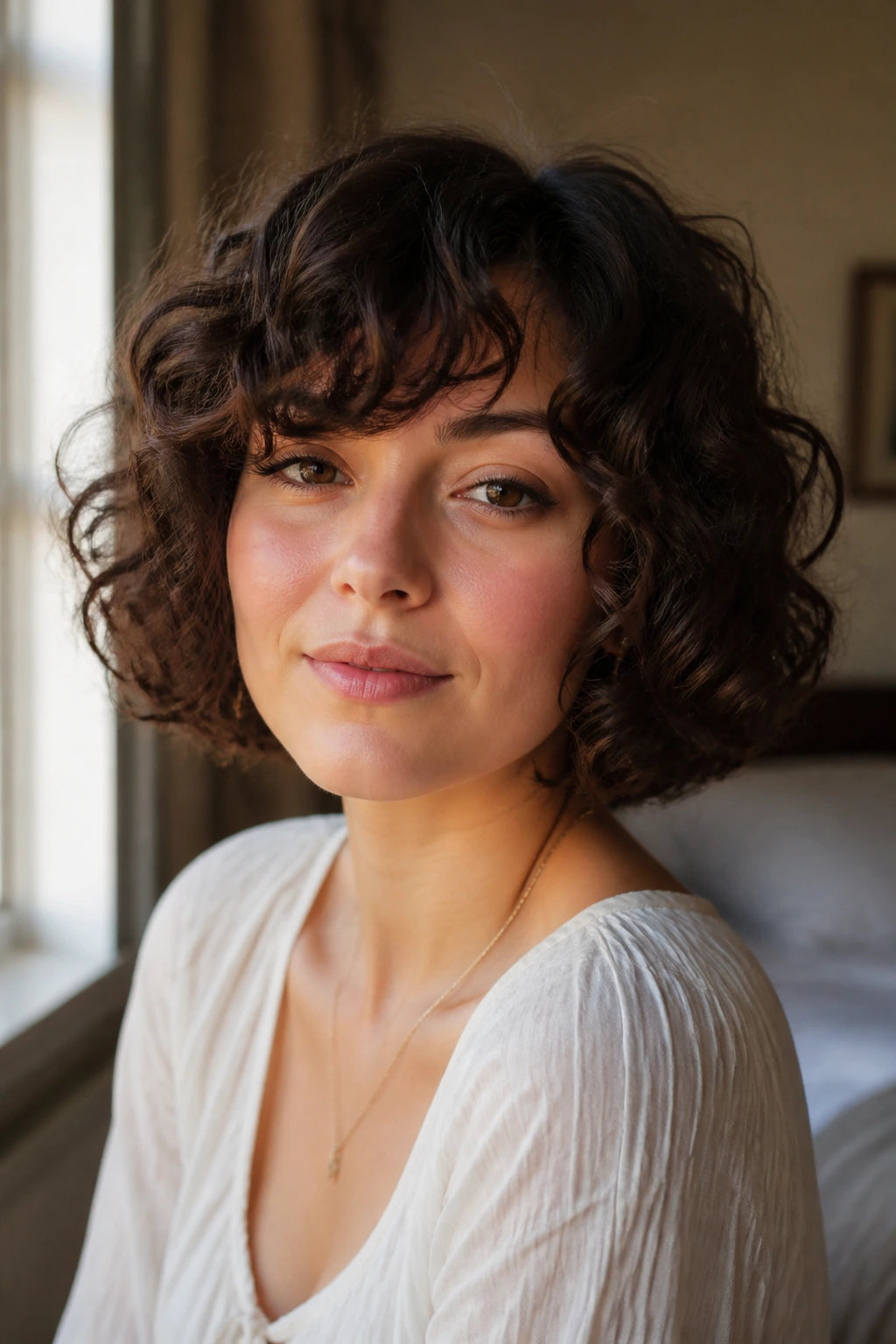 Close-up of a real woman with a round face wearing a French bob with curly curls