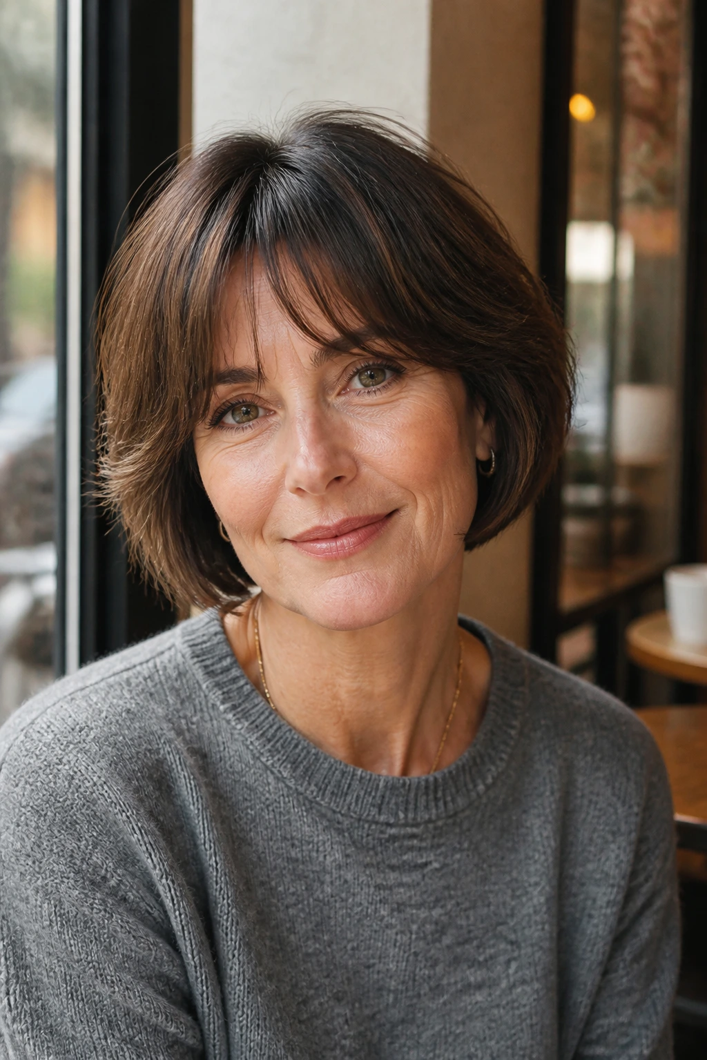 Portrait of a woman with a French bob and curtain bangs framing the face